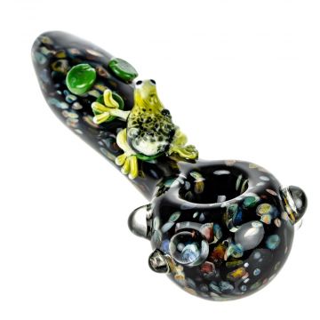 Empire Glassworks Small Critter Spoon Pipe with Frit | Frog - Front View 1