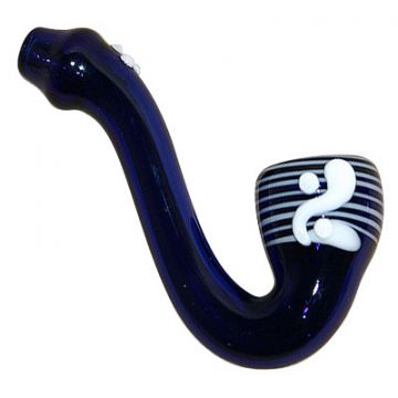 Glass Mini Sherlock Pipe Cobalt Blue Glass with White Wrap and Artwork