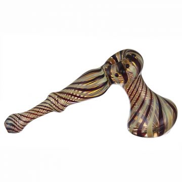 Glass Hammer Bubbler - Gold and Silver Fume with Ruby Stripes and Built-In Diffuser