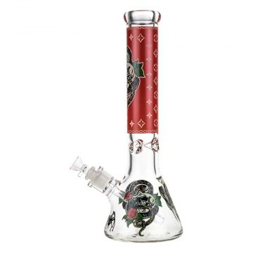 Beaker Ice Bong with Glow in the Dark Snake and Skull Print | Red | Side view 1