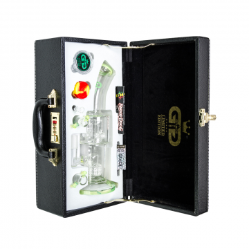 Grace Glass - Limited Edition Bong with Drum Diffuser & Double Mini Drum Diffuser - Complete Set in Leather Gift Case - Yellow/Green