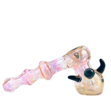 Glass Hammer Bubbler Fumed with Double Maria and Colored Horns | Blue - Side view 