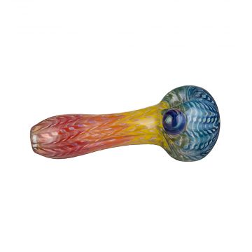 Glass Spoon Pipe - Fumed with Colored Wrap & Rake and Colored Marble - Rainbow