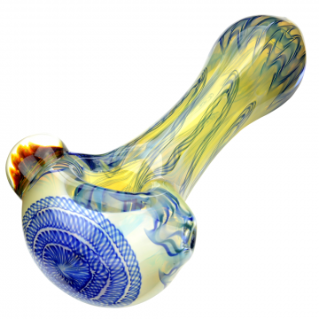 Glass Spoon Pipe - Heavy Inside Out Fume with Colored Stripes & Reticello Color Cane - Blue