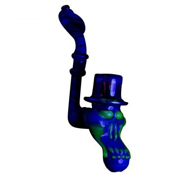 Glass Fumed Sherlock Skull Hand Pipe with Top Hat | Illuminati Color - Under UV light