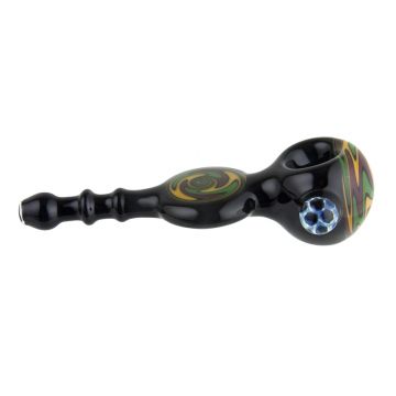 Glass Spoon Pipe - Colored Glass with Reversals and Honeycomb Marble - Rasta on Black Glass