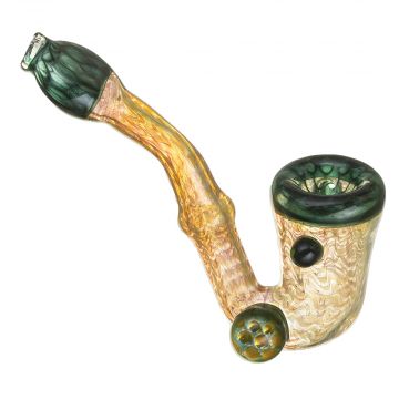 Glass Sherlock Pipe –Raked Gold & Silver Fume with Green Sparkle Bowl and Mouthpiece 