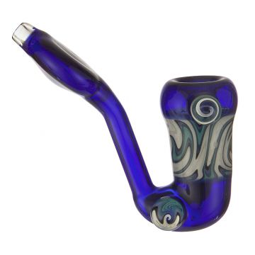 Glass Sherlock Handpipe - Cobalt Blue Glass with Reversal Wrapped Carriage and Worked Marbles