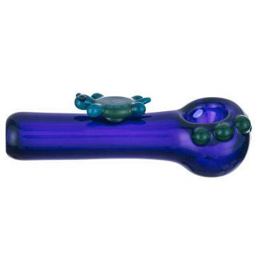 Glass Spoon Pipe - Cobalt Blue with Turtle Critter - Green