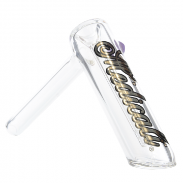 Medicali Glass - Medium Bubbler Hand Pipe - Silver & Black Script Label - Right side