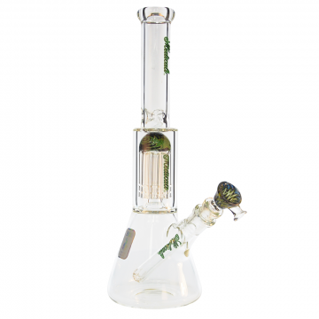 Medicali Glass - Mini Reversal 8-Arm Tree Perc Beaker Bong - 12 Inch - Black & Green Script Label - Side view 1