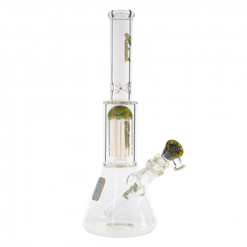 Medicali Glass - Mini Reversal 8-Arm Tree Perc Beaker Bong - 12 Inch - Green & Gold Script Label - Side view 1 