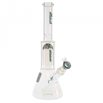 Medicali Glass - Mini Reversal 8-Arm Tree Perc Beaker Bong - 12 Inch - Teal Script Label - Side view 1