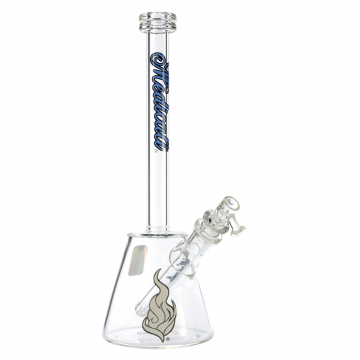 Medicali Glass 12 inch Bell Beaker - Blue Script - Side View 1