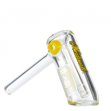 Medicali Glass - Small Bubbler Hand Pipe - Yellow Script Label - Right side 