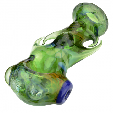 Glass Spoon Pipe - Color Work on Fumed Green Blue Glass with Spikes - Side View 1