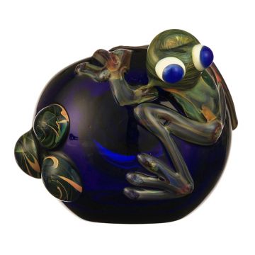 Glass Spoon Pipe - Cobalt Glass with Color Mini Marbles and Frog Critter - detail