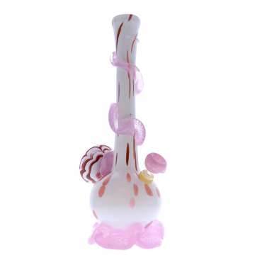 Noble Glass 14 Inch Tall White Glass Bong with Pink Wrap and Foot & Glass Flower Marble