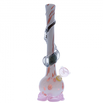 Noble Glass 14 Inch Tall White Glass Bong with Pink Wrap and Foot 