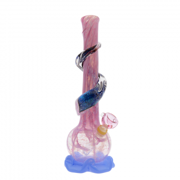 Noble Glass 14 Inch Tall Pink Glass Bong with Blue Wrap and Foot