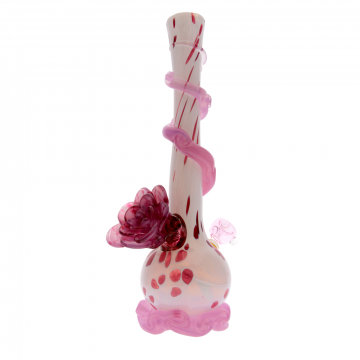 Noble Glass 14 Inch Tall White Glass Bong with Pink Wrap and Foot & Glass Rose