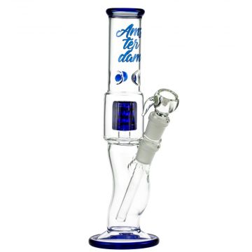 Amsterdam Glass Curved Straight Ice Bong with Drum Perc | Blue - Side View 1