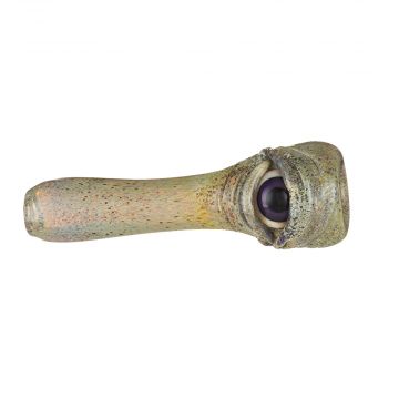 Glass Chillum Pipe - Light Green Frit and Worked Purple Eyeball 