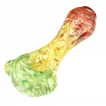 Glass Spoon Pipe Fumed with Color Swirls and Clear Marble Magnifier - Rasta - Side View 1